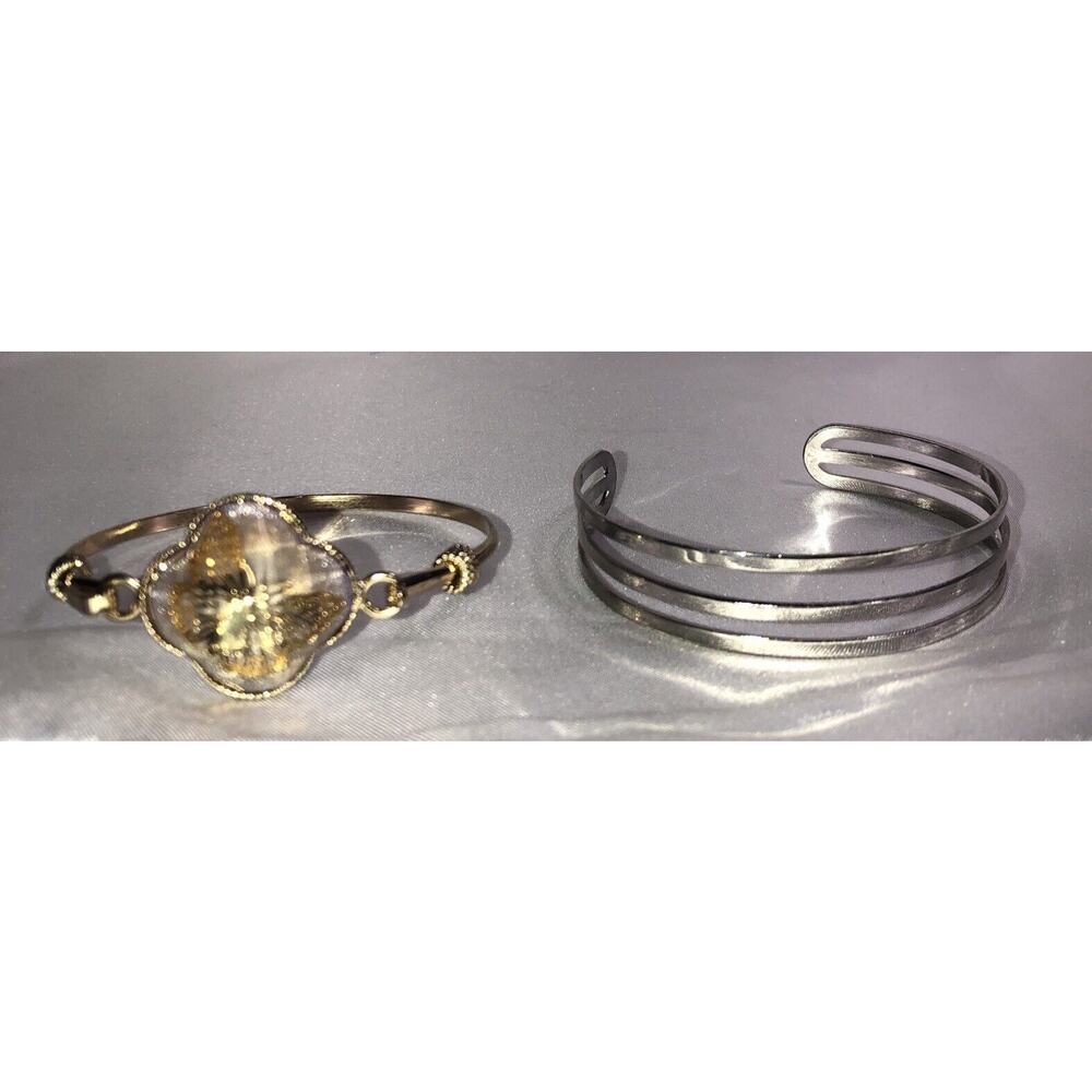 2 Bracelets Butterfly in Stone Hook Clasp Bangle & Silver Cuff